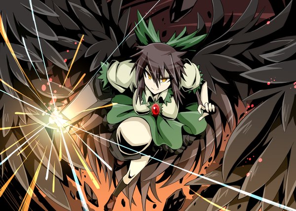 Anime picture 1400x1000 with touhou reiuji utsuho givuchoko single long hair black hair yellow eyes magic arm cannon girl bow weapon hair bow wings feather (feathers)