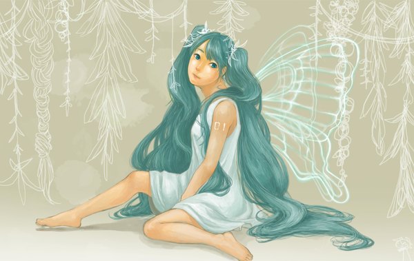Anime picture 1500x949 with vocaloid single sitting twintails very long hair aqua eyes aqua hair no shoes insect wings butterfly wings girl dress hair ornament white dress hairclip