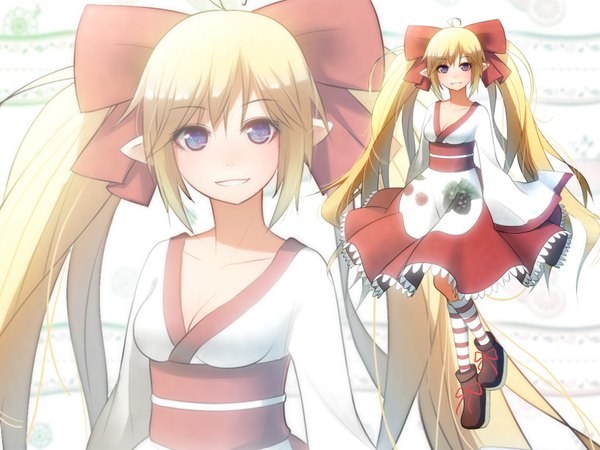 Anime picture 2362x1772 with dungeon and fighter kenneth (qq) single long hair highres blonde hair purple eyes twintails zoom layer girl dress bow hair bow socks striped socks