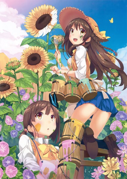 Anime picture 2339x3300 with original eshi 100-nin ten gintarou (kurousagi108) long hair tall image blush highres short hair open mouth brown hair multiple girls brown eyes sky cloud (clouds) scan official art girl skirt flower (flowers) 2 girls