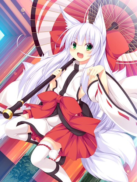 Anime picture 600x800 with original roshin single long hair tall image blush open mouth green eyes animal ears white hair tail traditional clothes japanese clothes animal tail fox ears fox tail fox girl miko multiple tails girl