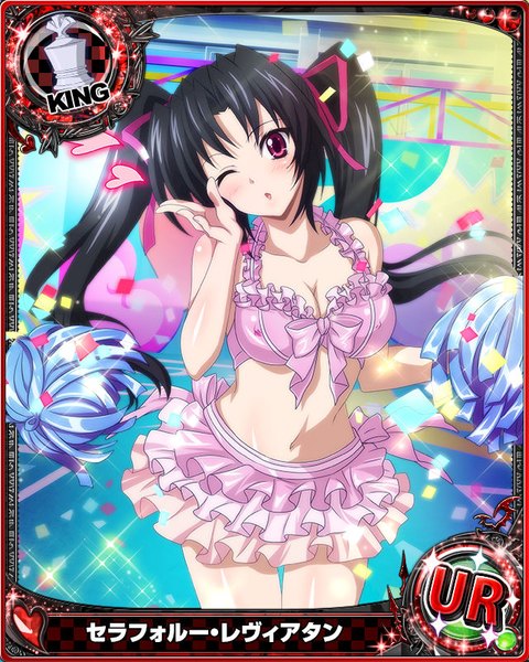 Anime picture 640x800 with highschool dxd serafall leviathan single long hair tall image looking at viewer blush breasts light erotic black hair purple eyes twintails one eye closed wink midriff card (medium) cheerleader girl navel ribbon (ribbons)