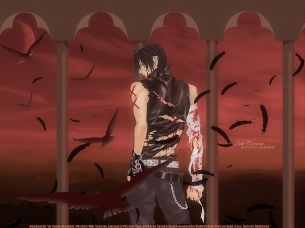 Anime picture 1600x1200 with uragiri wa boku no namae wo shitteiru j.c. staff crosszeria luka short hair black hair bare shoulders from behind grey eyes tattoo piercing torn clothes back vector boy gloves animal belt fingerless gloves bird (birds) blood