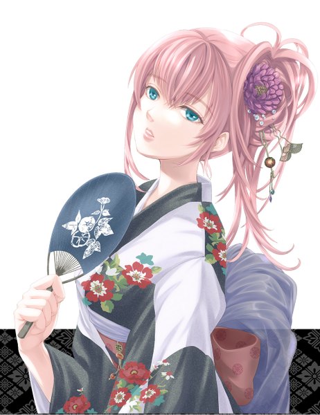 Anime picture 1000x1299 with vocaloid megurine luka kyuu umi single long hair tall image fringe blue eyes hair between eyes pink hair upper body parted lips japanese clothes girl hair ornament kimono obi fan kanzashi hairpin (hairpins)