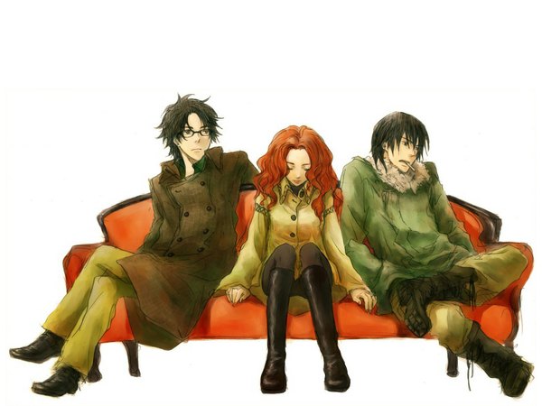 Anime picture 1024x768 with harry potter severus snape lily evans james potter long hair short hair black hair simple background white background sitting red hair eyes closed multiple boys girl boy glasses jacket boots thigh boots 2 boys