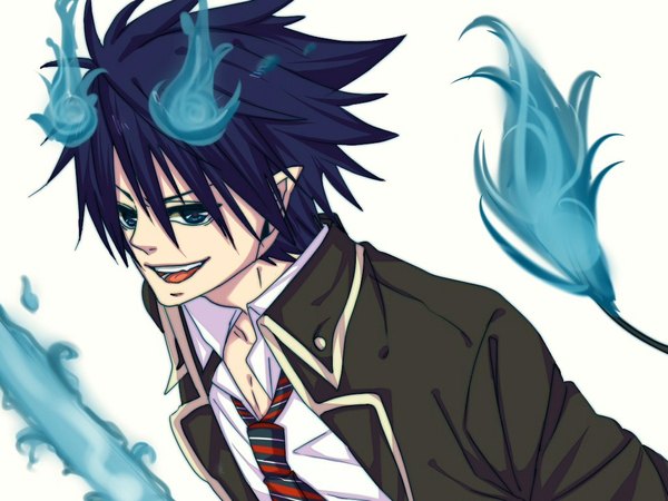 Anime picture 1024x768 with ao no exorcist a-1 pictures okumura rin kuki gi single short hair open mouth blue eyes simple background smile white background blue hair pointy ears teeth magic open collar sharp teeth boy necktie