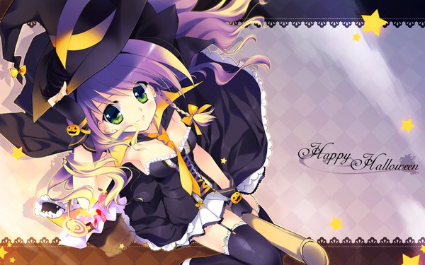 Anime picture 1920x1200 with rei (rei's room) long hair highres wide image green eyes purple hair braid (braids) halloween witch happy halloween girl thighhighs black thighhighs witch hat candy vegetables broom pumpkin