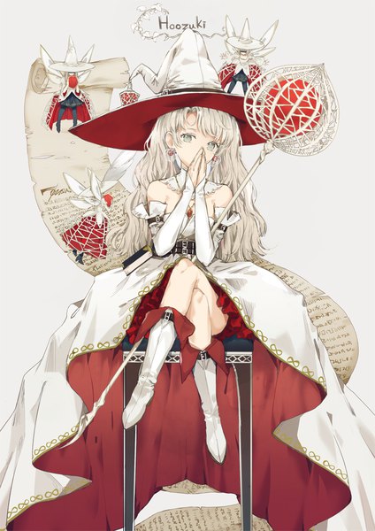 Anime picture 800x1132 with original dangmill long hair tall image looking at viewer fringe blue eyes simple background sitting bare shoulders multiple girls full body bent knee (knees) long sleeves grey hair grey background crossed legs wavy hair covered mouth fantasy
