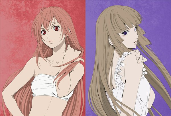 Anime picture 1690x1150 with zetsuen no tempest studio bones fuwa aika kusaribe hakaze long hair looking at viewer red eyes purple eyes bare shoulders multiple girls pink hair red hair from behind midriff back multiview red background girl underwear 2 girls