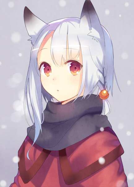 Anime picture 700x969 with original yuraiko single tall image looking at viewer fringe short hair simple background red eyes animal ears silver hair upper body braid (braids) parted lips grey background :o snowing side braid wolf ears hair bell