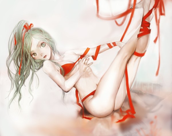 Anime picture 1000x794 with final fantasy final fantasy vi square enix tina branford tomape single long hair breasts open mouth light erotic simple background sitting green eyes ponytail green hair legs looking up naked ribbon girl ribbon (ribbons)
