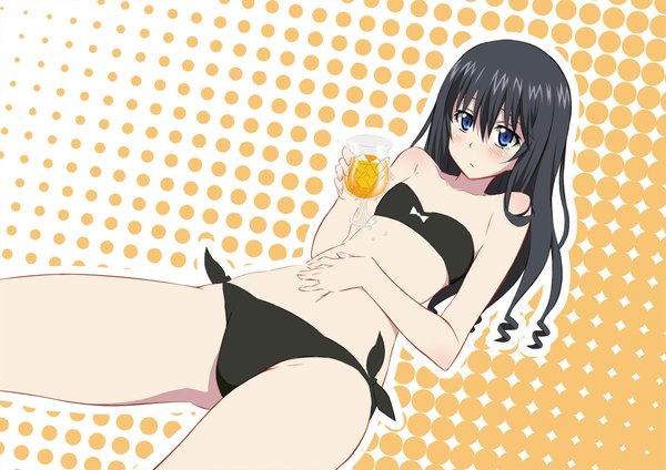 Anime picture 1131x800 with strike the blood minamiya natsuki inui sanagi single long hair looking at viewer blush fringe blue eyes light erotic black hair simple background hair between eyes bare shoulders bare legs bare belly spread legs embarrassed drill hair polka dot background