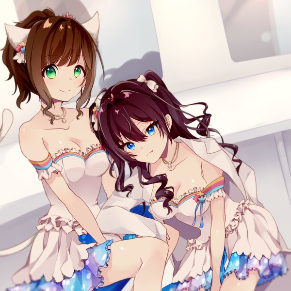 Anime picture 3000x3000 with idolmaster idolmaster cinderella girls ichinose shiki maekawa miku obybuss long hair looking at viewer highres blue eyes brown hair sitting bare shoulders multiple girls green eyes animal ears purple hair tail animal tail cat ears cat tail