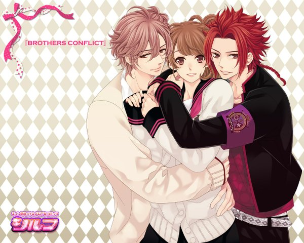 Anime picture 1280x1024 with brothers conflict idea factory ema (brothers conflict) asahina futo asahina yusuke long hair looking at viewer short hair brown hair brown eyes pink hair red hair braid (braids) light smile multiple boys hug rhombus girl boy uniform