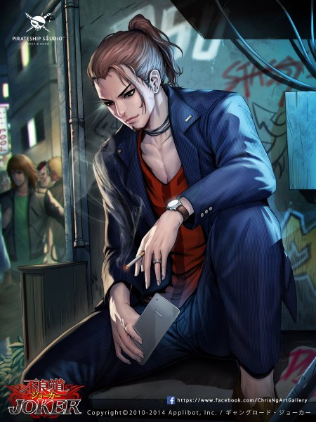 Anime picture 900x1200 with joker ~gang road~ chrisnfy85 single tall image short hair brown hair sitting brown eyes signed ponytail open clothes looking down graffiti boy earrings choker ring suit clock mobile phone