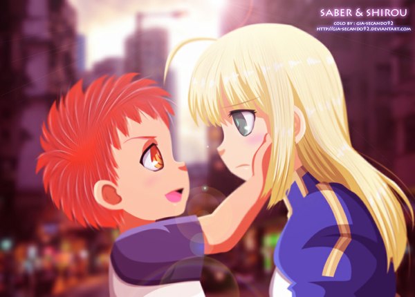 Anime picture 1000x717 with fate (series) fate/zero type-moon artoria pendragon (all) saber emiya shirou seireiart long hair blush short hair open mouth blonde hair smile green eyes ahoge profile sunlight orange hair inscription orange eyes