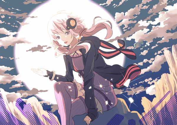 Anime picture 1500x1061 with vocaloid yuzuki yukari uma56 single long hair looking at viewer open mouth twintails sky purple hair cloud (clouds) long sleeves light smile open clothes open jacket crossed legs low twintails happy glow girl