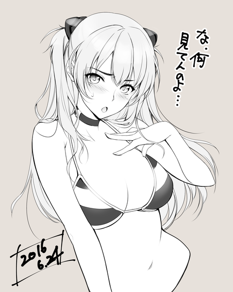 Anime picture 1200x1500 with neon genesis evangelion gainax soryu asuka langley warabino matsuri single long hair tall image looking at viewer blush breasts open mouth light erotic simple background upper body grey background text dated monochrome girl swimsuit