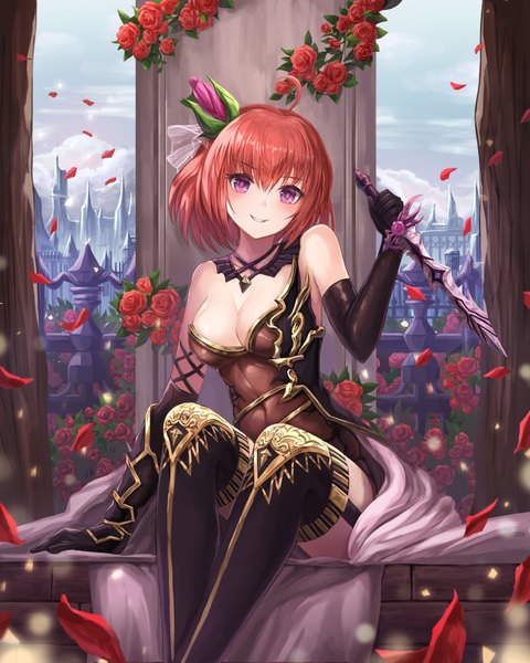 Anime picture 800x1000 with original lunacle single tall image looking at viewer blush short hair light erotic smile sitting bare shoulders cleavage ahoge red hair head tilt pink eyes hair flower arm support girl thighhighs