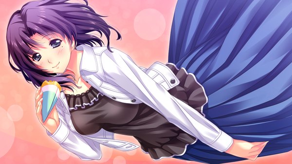 Anime picture 1280x720 with koi mekuri clover amasaka takashi long hair blush blue eyes smile wide image game cg purple hair girl dress food