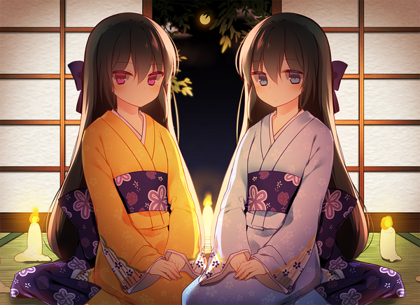 Anime picture 1200x873 with original redherb long hair looking at viewer blush fringe blue eyes hair between eyes brown hair sitting multiple girls payot cloud (clouds) indoors traditional clothes japanese clothes pink eyes night wide sleeves night sky