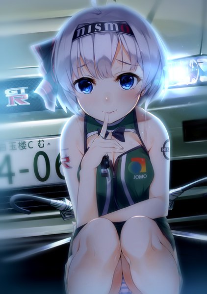 Anime picture 845x1200 with touhou nissan konpaku youmu gedou (shigure seishin) single tall image looking at viewer blush short hair blue eyes light erotic smile silver hair tattoo pantyshot finger to mouth squat girl underwear panties