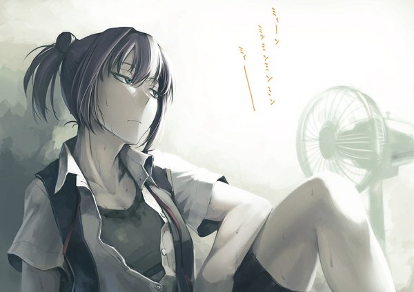 Anime picture 1052x744 with kantai collection shiranui destroyer hetza (hellshock) single short hair blue eyes sitting looking away pink hair ponytail open clothes sweat summer girl shirt vest electric fan