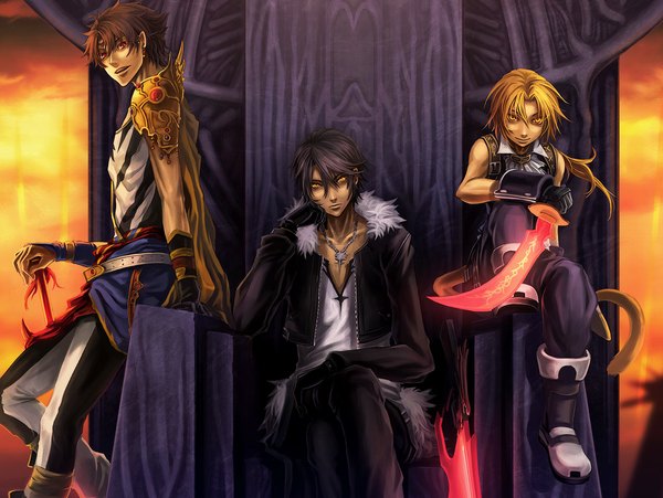 Anime picture 1100x828 with final fantasy final fantasy ix final fantasy viii dissidia final fantasy final fantasy v square enix zidane tribal squall leonhart bartz klauser blonde hair red eyes brown hair sitting yellow eyes multiple boys head rest boy detached sleeves sword jacket