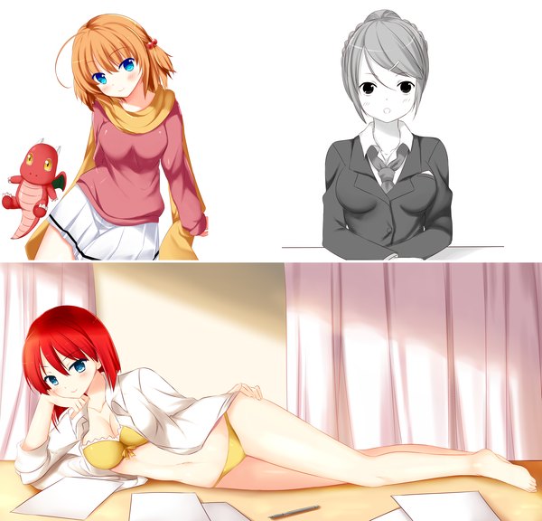 Anime picture 5200x5000 with kaho okashii looking at viewer blush highres short hair blue eyes light erotic simple background blonde hair white background multiple girls absurdres red hair open clothes open shirt legs hand on hip monochrome fantasy girl
