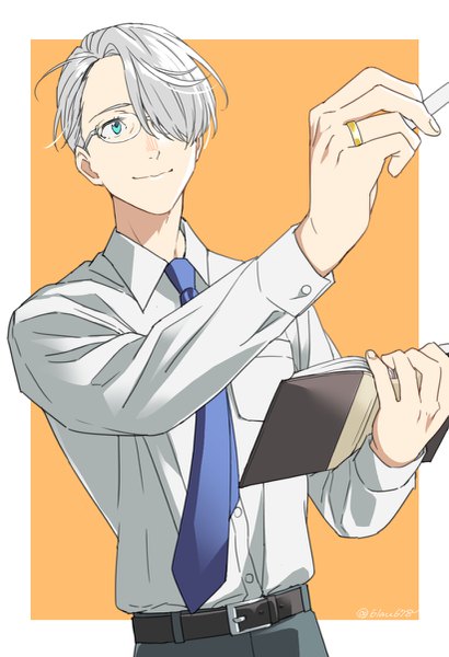 Anime picture 821x1200 with yuri!!! on ice mappa viktor nikiforov natsuko (bluecandy) single tall image fringe short hair simple background smile looking away silver hair upper body aqua eyes hair over one eye orange background boy glasses necktie belt