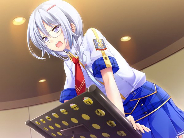 Anime picture 1600x1200 with dai ni ongakushitsu e youkoso!! haba yukari long hair open mouth blue eyes game cg silver hair braid (braids) girl uniform hair ornament school uniform glasses bobby pin