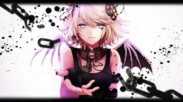 Anime picture 3200x1800 with vocaloid kagamine rin lalune single looking at viewer fringe highres short hair open mouth blue eyes simple background smile wide image standing white background bare shoulders sleeveless lacing outstretched hand demon wings