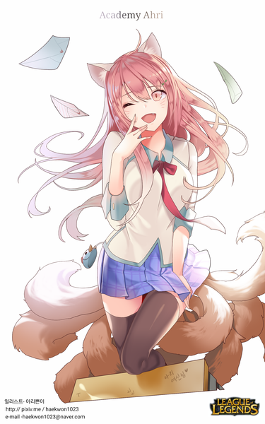 Anime picture 1600x2560 with league of legends ahri (league of legends) academy ahri (league of legends) torano single long hair tall image open mouth simple background white background animal ears looking away pink hair ahoge tail animal tail one eye closed pink eyes wink fang (fangs)