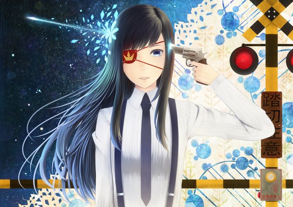 Anime picture 3541x2507 with original bounin long hair highres black hair absurdres shot girl weapon necktie gun star (stars) eyepatch crown traffic lights revolver
