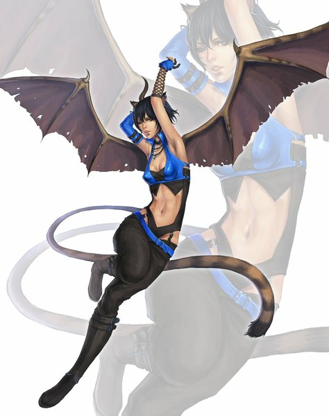 Anime picture 900x1137 with original noa ikeda single tall image looking at viewer short hair breasts open mouth blue eyes black hair simple background white background animal ears cleavage tail animal tail horn (horns) cat ears cat tail leg lift (legs lift)