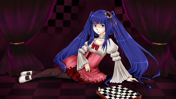 Anime picture 2000x1124 with umineko no naku koro ni furudo erika aneogyps (artist) single long hair highres blue eyes wide image twintails blue hair checkered floor checkered background girl dress curtains chess