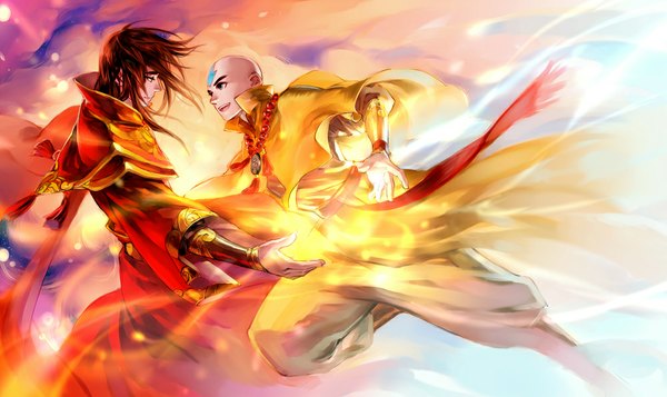 Anime picture 1000x595 with avatar: the last airbender nickelodeon zuko aang yoku (liuyc) long hair open mouth brown hair wide image brown eyes traditional clothes multiple boys grey eyes magic spread arms bald boy ribbon (ribbons) 2 boys beads