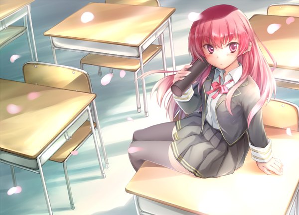 Anime picture 1000x720 with original jas (annkoromochi) single long hair sitting pink hair pink eyes girl thighhighs skirt black thighhighs miniskirt petals desk