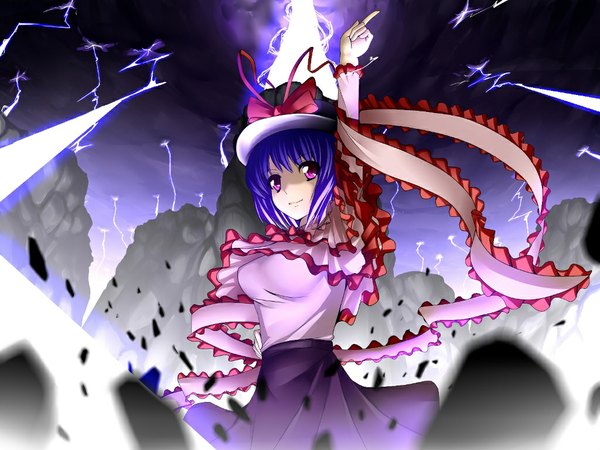 Anime picture 1024x768 with touhou nagae iku short hair red eyes purple hair lightning girl hat shawl loa