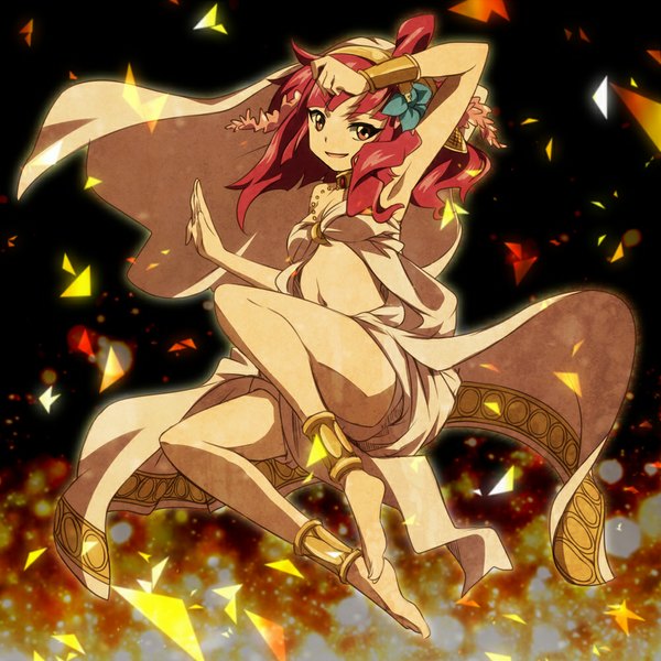 Anime picture 1000x1000 with magi the labyrinth of magic a-1 pictures morgiana single long hair open mouth smile brown eyes red hair traditional clothes hair flower open clothes jumping dancing girl hair ornament flower (flowers) choker bracelet pendant