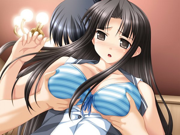 Anime picture 1024x768 with alto miharu - alto another story sakuraoka miharu long hair blush light erotic black hair game cg black eyes breast grab girl