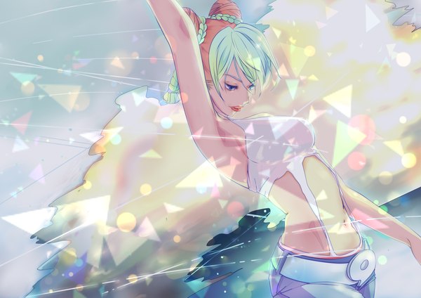 Anime picture 4092x2893 with jojo no kimyou na bouken kujo jolyne john-n single fringe highres blue eyes brown hair absurdres braid (braids) profile multicolored hair arm up green hair two-tone hair bare belly armpit (armpits) hair bun (hair buns) lipstick looking down