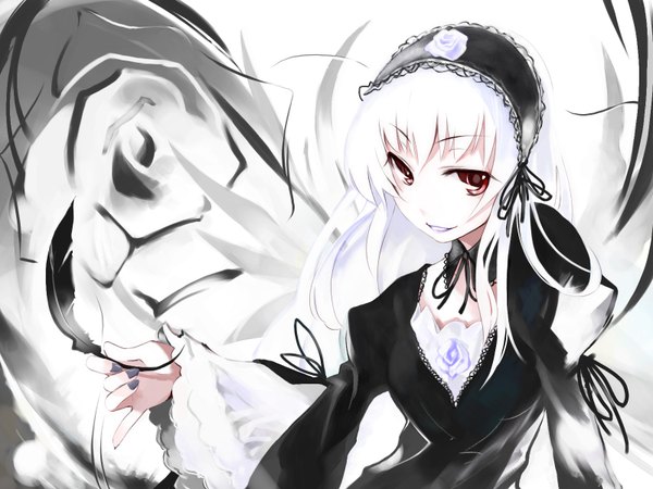 Anime picture 1600x1200 with rozen maiden suigintou ushiki yoshitaka single looking at viewer smile red eyes white hair long sleeves nail polish wide sleeves grin girl dress black dress feather (feathers) lolita hairband
