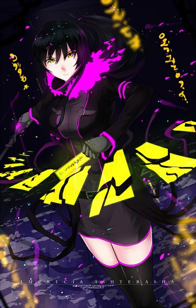 Anime picture 652x1024 with swordwaltz single long hair tall image black hair yellow eyes ponytail inscription side ponytail girl thighhighs gloves weapon black thighhighs sword