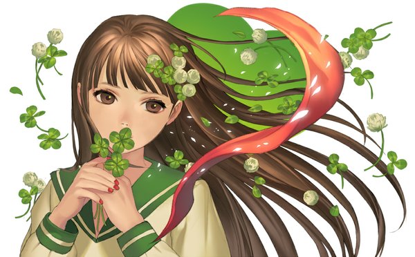 Anime picture 1000x620 with original aoiji single long hair fringe simple background brown hair wide image white background holding brown eyes nail polish hair flower wind red nail polish girl uniform hair ornament flower (flowers) serafuku