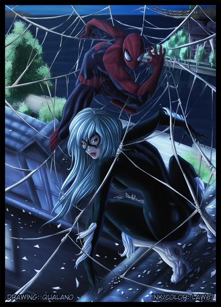 Anime picture 1024x1419 with marvel comics spider-man (series) black cat (felicia hardy) spiderman law67 long hair tall image green eyes silver hair looking back lips lipstick coloring squat framed superhero girl boy plant (plants) tree (trees)