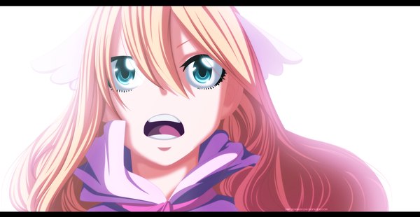 Anime picture 1903x984 with fairy tail mavis vermillion zeroooart single long hair highres open mouth simple background blonde hair wide image white background aqua eyes coloring portrait light girl