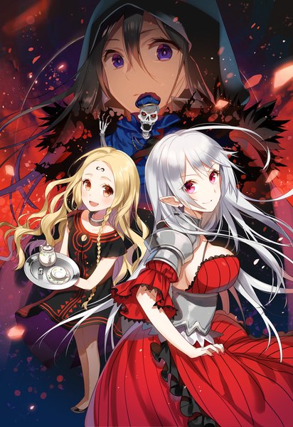 Anime picture 688x1000 with original yuzuki kihiro long hair tall image looking at viewer blush open mouth blonde hair red eyes purple eyes multiple girls white hair pointy ears skeleton girl dress 3 girls