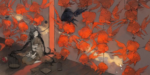 Anime picture 1200x602 with original nekosuke (jet) single looking at viewer black hair wide image sitting twintails animal ears tail braid (braids) long sleeves very long hair traditional clothes animal tail girl animal fish (fishes) ball cage