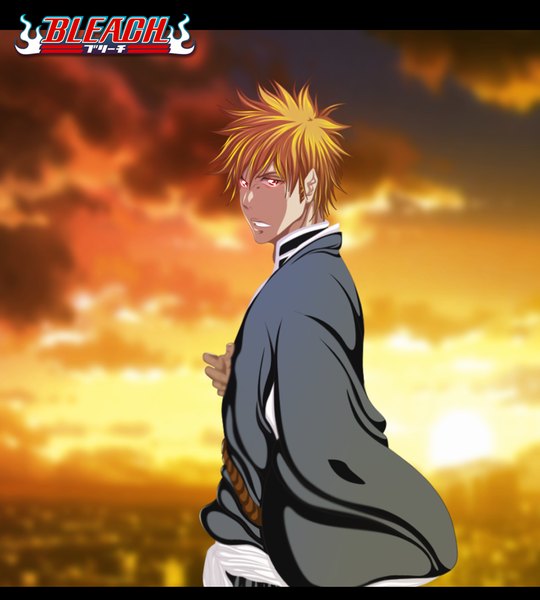 Anime picture 1000x1110 with bleach studio pierrot kurosaki ichigo hollowcn single tall image short hair sky cloud (clouds) japanese clothes pink eyes looking back sunlight orange hair inscription coloring evening sunset letterboxed boy